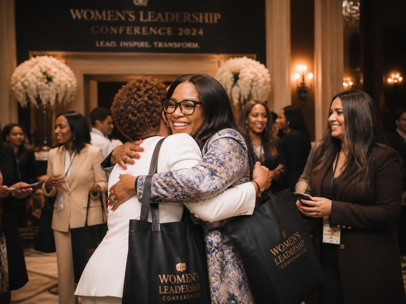 Women greeting one another at a leadership conference